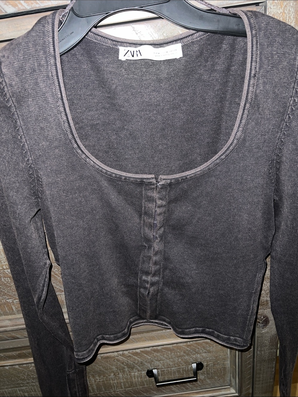 Zara Washed Charcoal Scoop Neck Long Sleeve Top